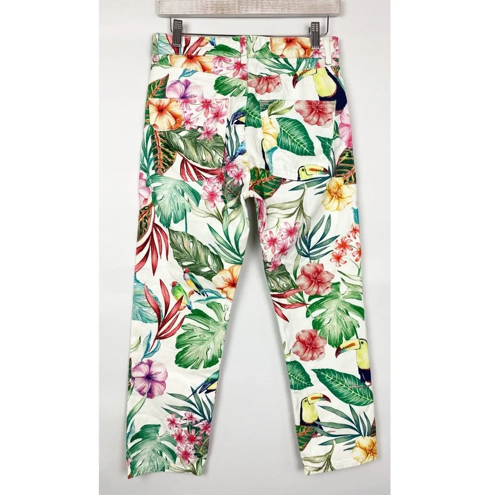Zara Womens Pants 4 White Tropical Coastal Print Denim Straight Leg Crop Jeans - Picture 7 of 11